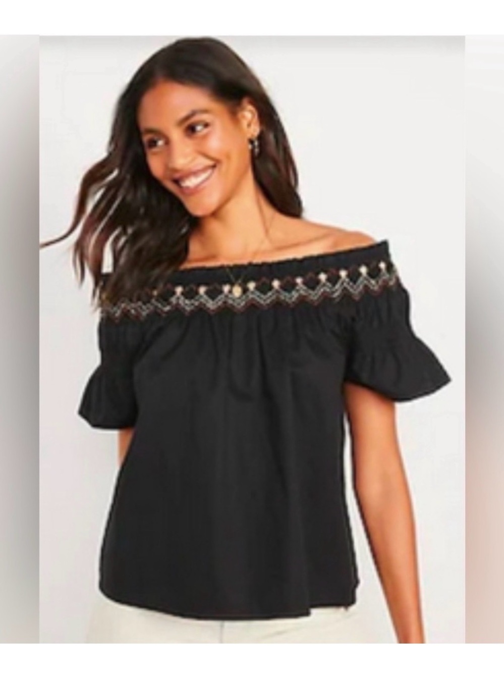 Old Navy Black Off-Shoulder Embroidered Top Cotton L